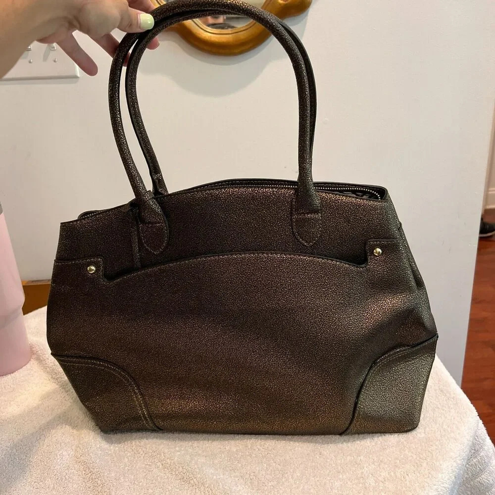 London Fog Tote Metallic Brown Leather Satchel Handbag Zip Double Handle Large - Picture 2 of 16